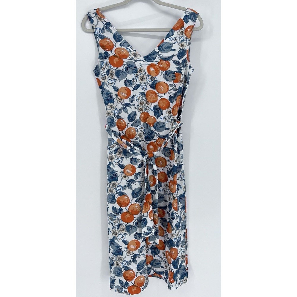 Anne Taylor Midi Dress Linen Blend Size 0 Orange Fruit Print Garden Party Picnic